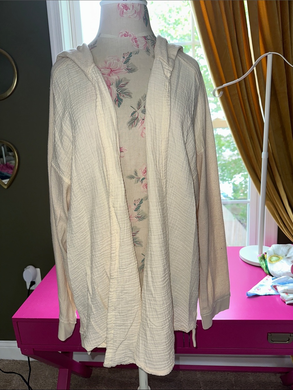 Anthropologie Cream Textured Open-Front Hooded Cardigan